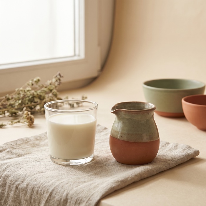 Latte appena munto in una brocca di vetro su un tavolo di legno